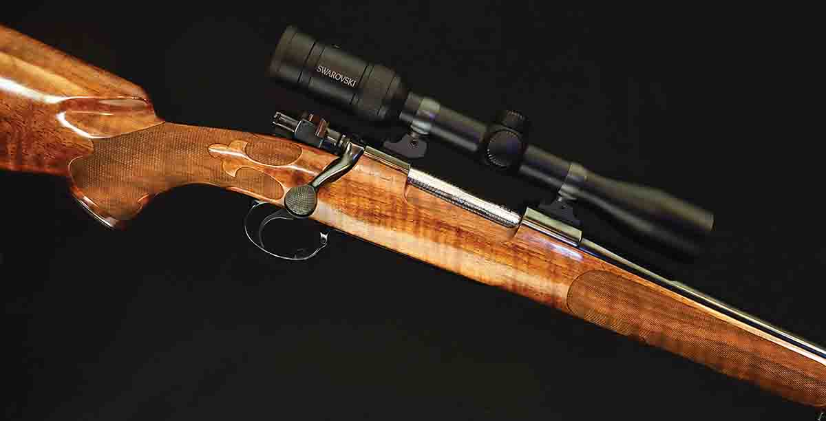 A superb custom bolt-action .270, built in the 1980s by Al Biesen, on an FN Mauser Deluxe action. The complete craftsman, Biesen not only executed the wonderful, recessed checkering, he also made the bolt shroud and three-position safety. The scope is a Swarovski Z3 3-9x 36mm in S&K customized mounts.